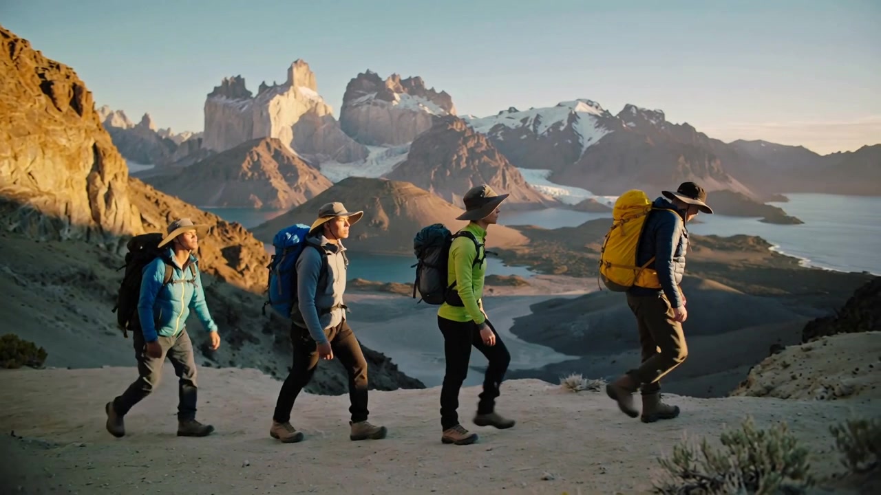 L'escursionista in testa che aumenta il passo lungo il crinale, con il gruppo che segue indossando cappelli a tesa larga e zaini gialli.