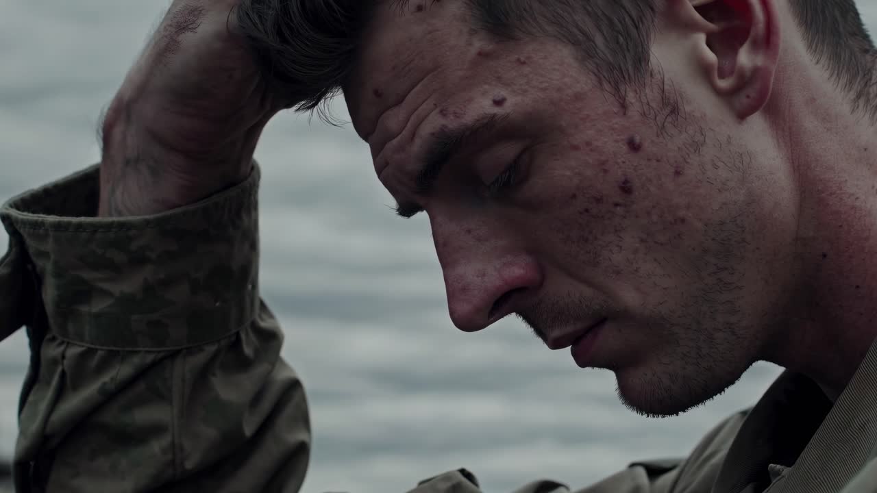 Close up portrait of a young soldier with a thoughtful and sad expression, wearing a military uniform, scratching his head, suffering from post traumatic stress disorder after the war