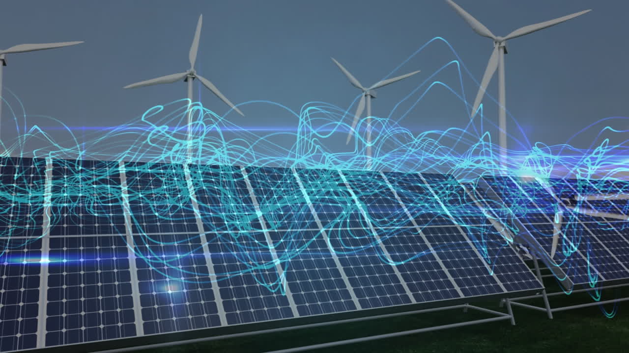 анимация световых следов над солнечными панелями