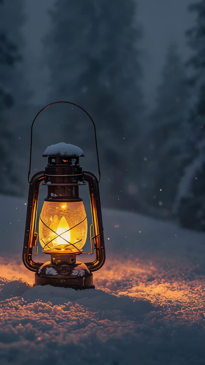 Video verticale: lanterna di metallo incandescente con calotta di neve che si illumina, proiettando una luce calda sulla neve nella foresta