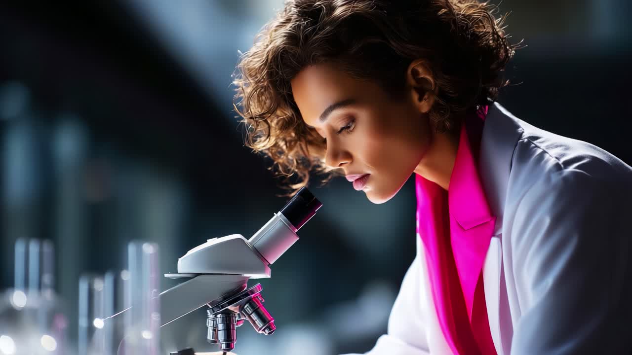 A diligent scientist focused on her research, meticulously examining samples under a microscope in a modern laboratory setting that fosters innovation and discovery in science