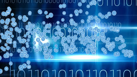 animation of network of connections with digital icons over binary coding in background