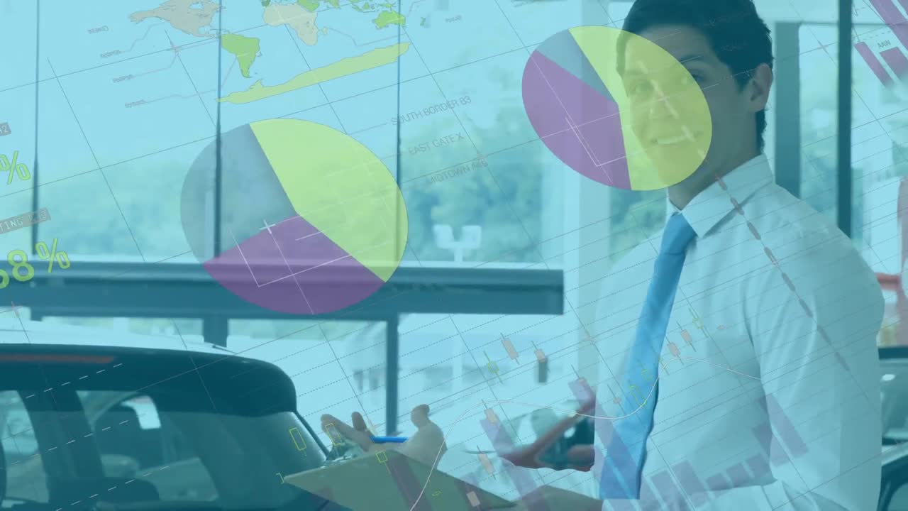 animación de estadísticas y procesamiento de datos sobre el hombre caucásico escribiendo en un archivo de papeles