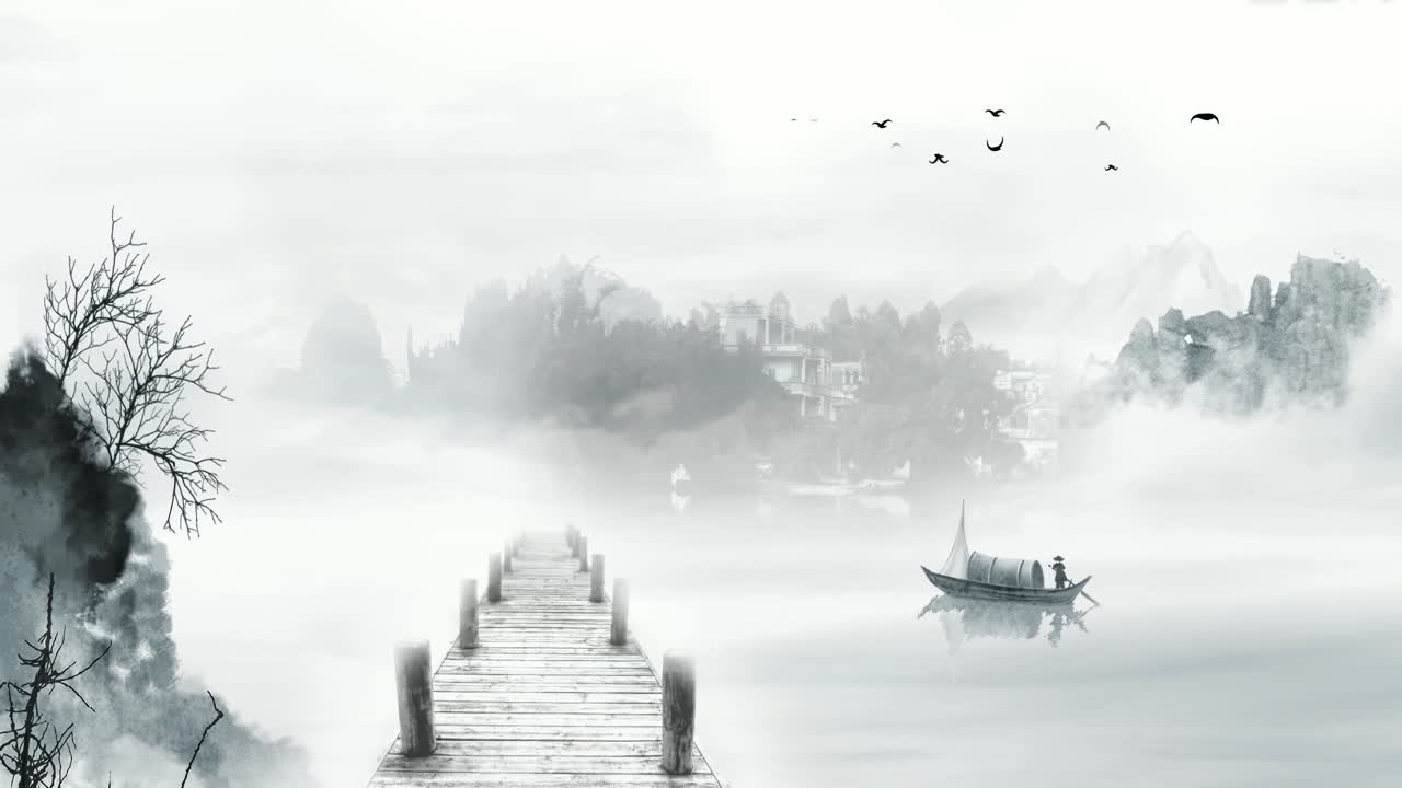 水墨山水画：宁静祥和的渔船与木桥