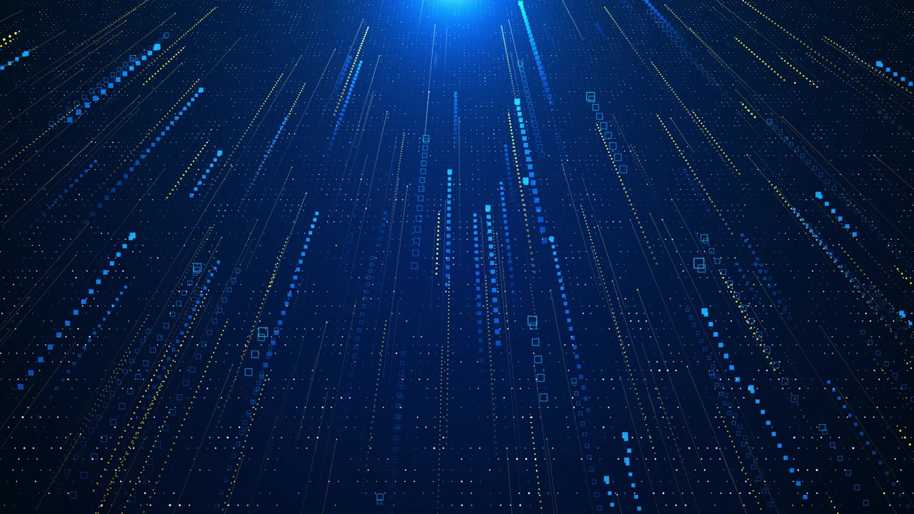 Blue gold data rain background falling square particles dotted grid light trails and deep digital