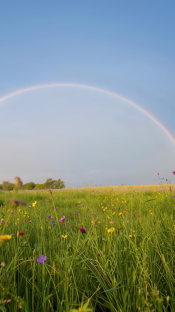 Vertical video: Arching rainbow after rain across blue sky above flower meadow, grasses swaying