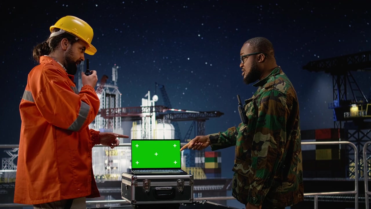 Chroma key bærbar computer og walkie-talkie brugt af hærenhed på borerig.