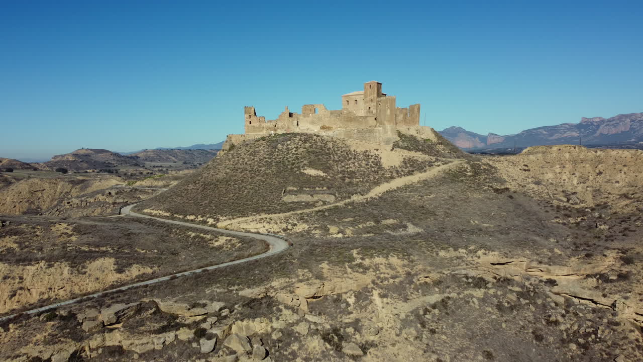 Aerial View of an Ancient Spanish Castle Ruins