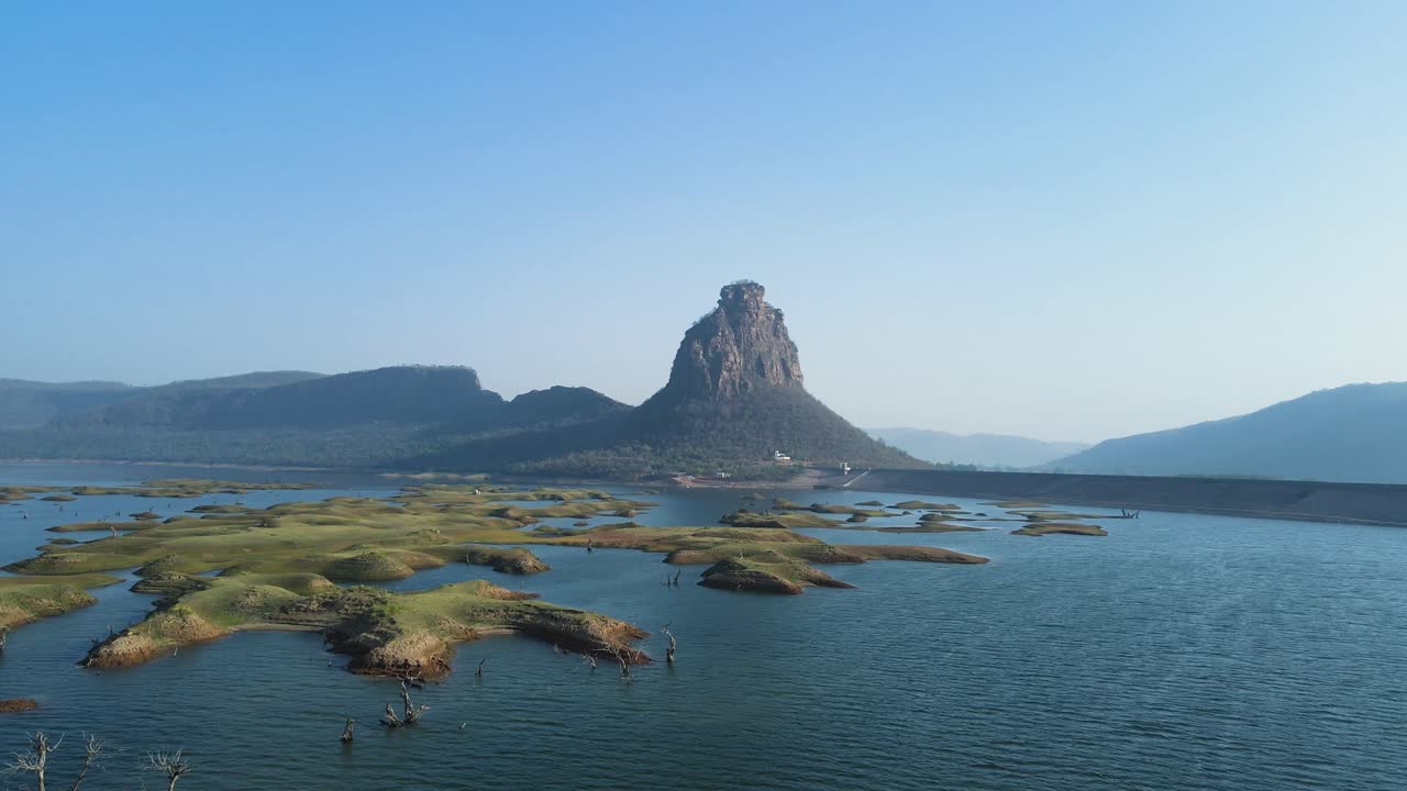 Aerial shot of Karamchat Dam in Bihar, with the serene waters and scenic hills in the backdrop.