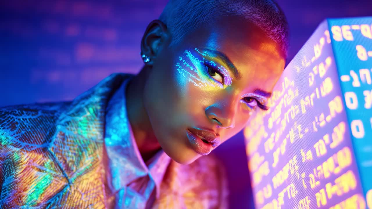 A stunning close-up of a model with striking makeup and vibrant lights reflecting off her metallic outfit in a digitally inspired environment, capturing the essence of modern artistry and creativity