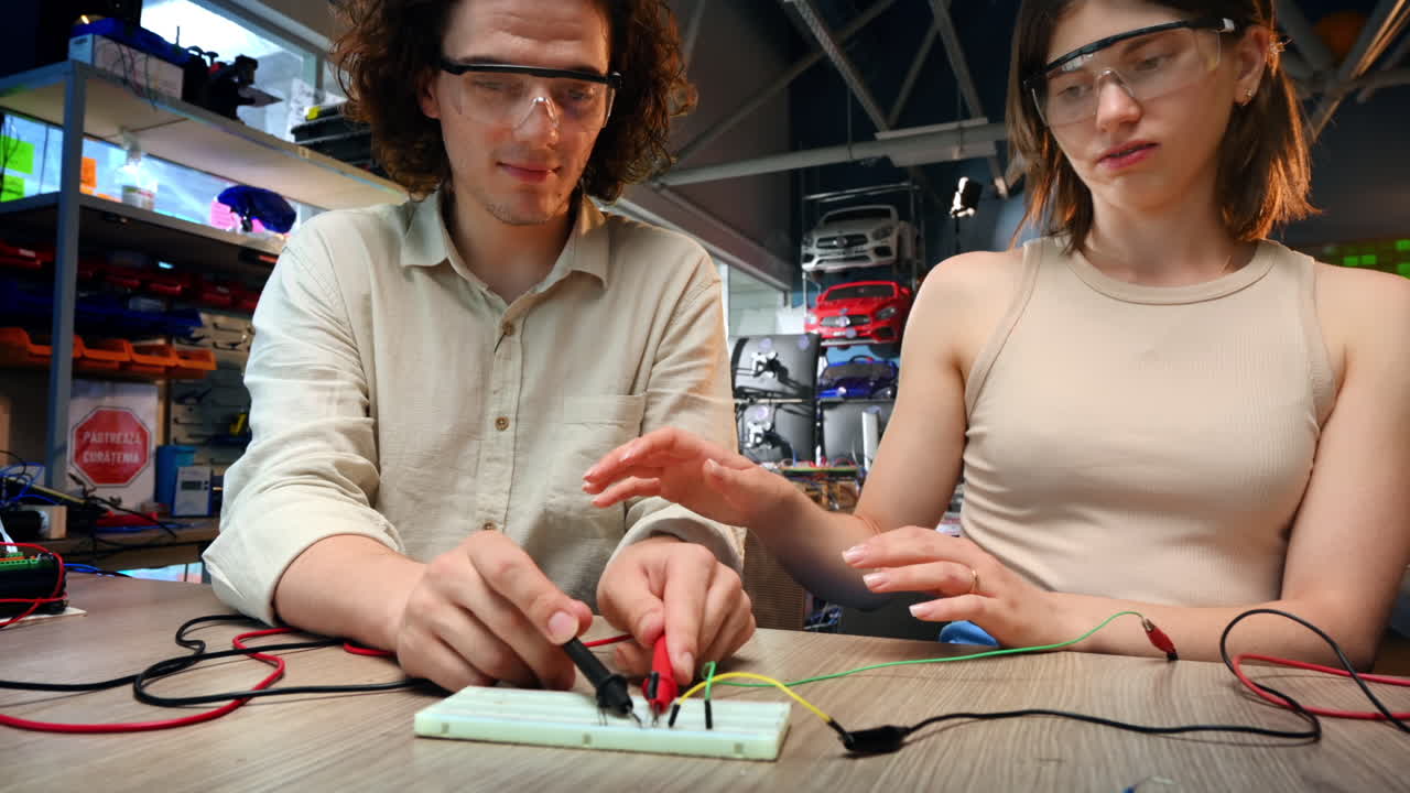 Young man and woman in protective glasses were electrocuted while doing experiments with electricity in a laboratory. Tools on the table. Translation from Romanian language on red sign "keep the workplace clean"