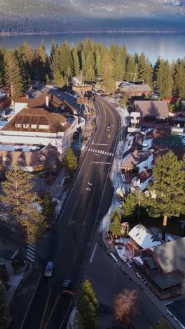 Vertical-Aerial-View,-Road-and-Buildings-on-Crystal-Bay-by-Lake-Tahoe,-Nevada-California-State-Border