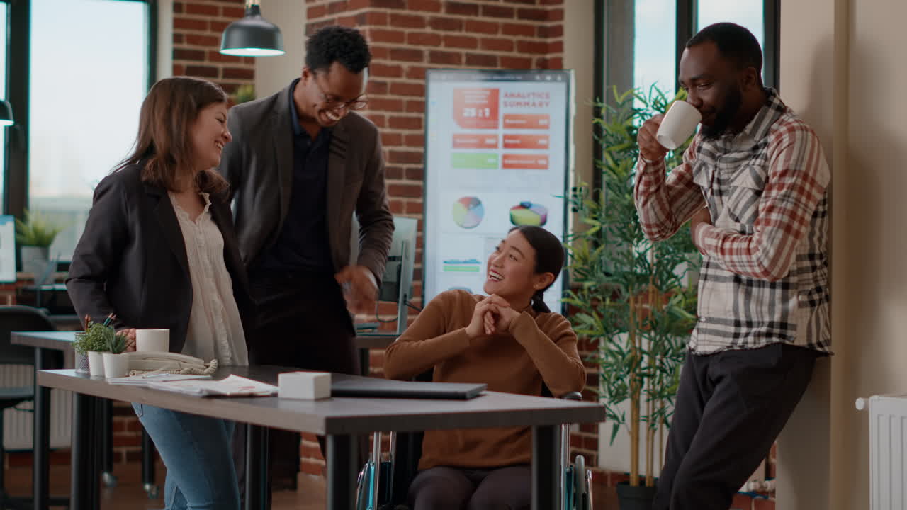 Diverse group of people laughing at doing collaboration