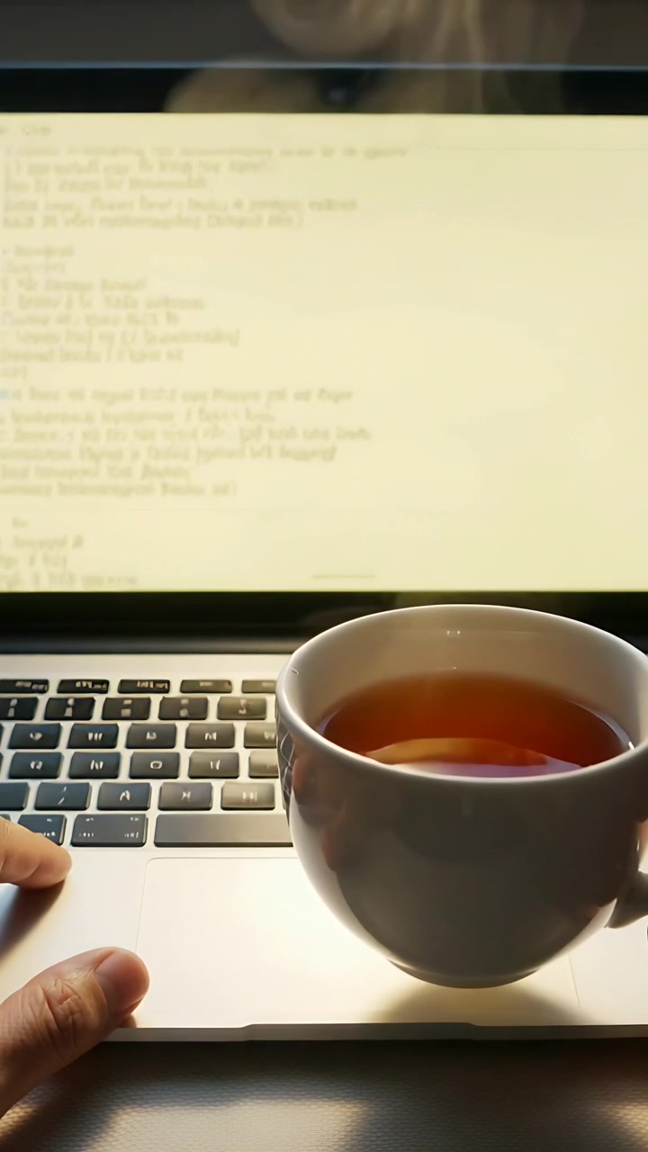 Vertical video: Right hand bringing mug pausing hands hovering over laptop at desk, steam rising