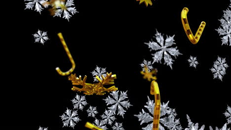 Silberne-Und-Goldene-Weihnachtsschneeflocken-Und-Zuckerstangen-Fallen-Auf-Schwarzem-Hintergrund