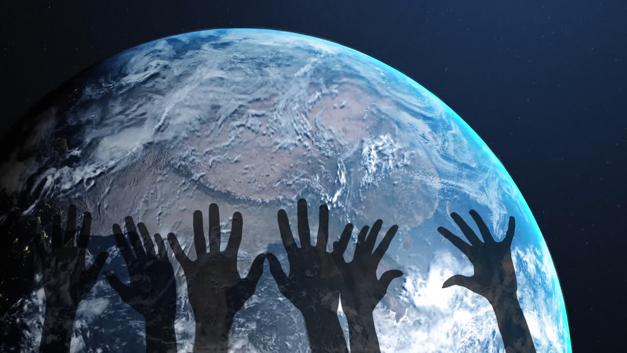 Animation of hands shadows over globe in cosmos