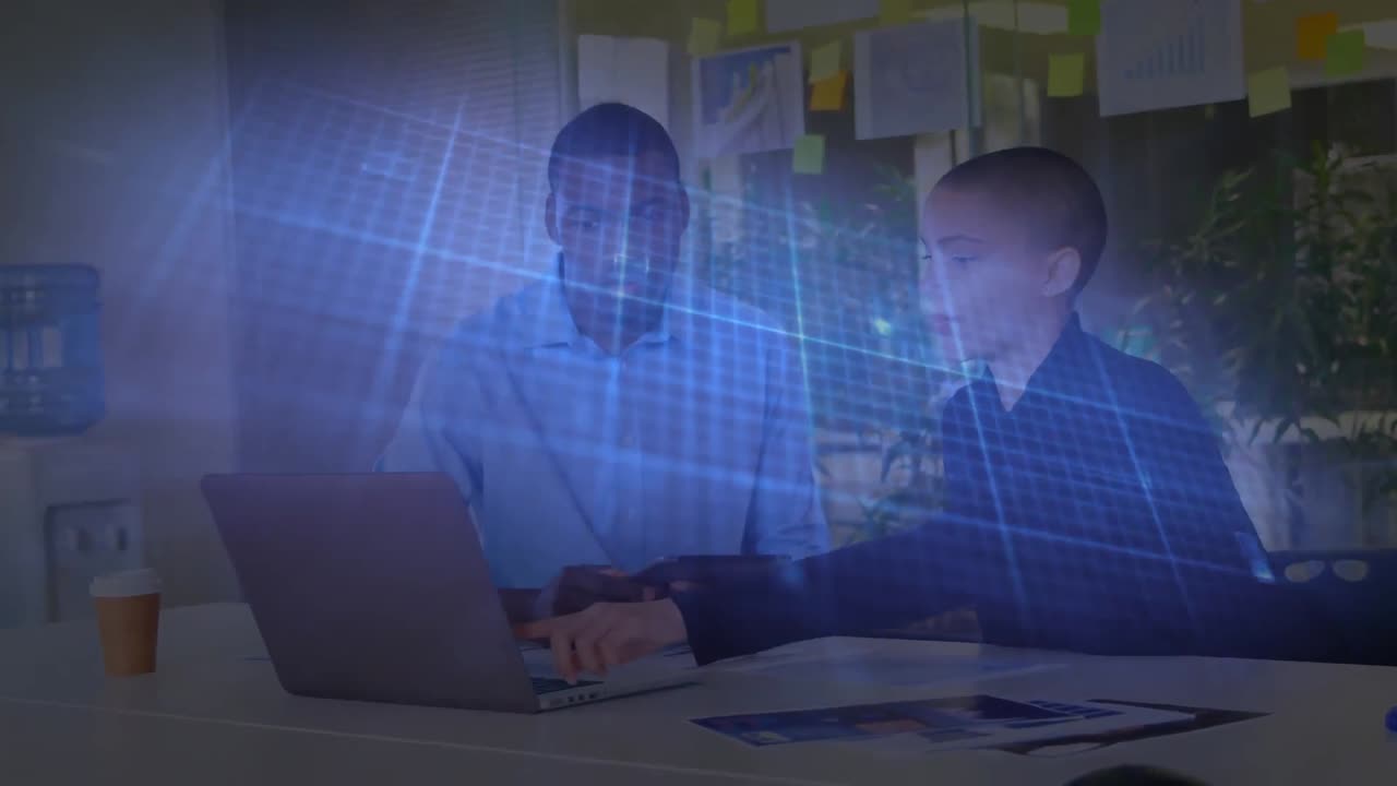 Animation of isoelectric line over diverse business people using laptop in office
