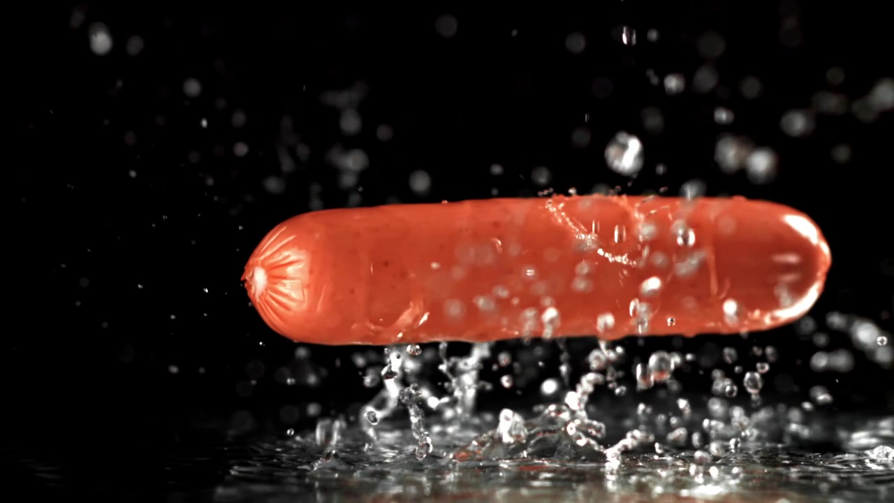 Sausage Falling into Water with Splashes in Slow Motion