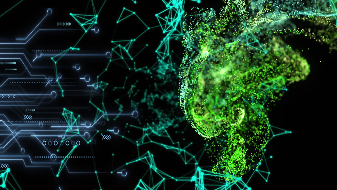 animación de puntos iluminados conectados y patrones de placas de circuitos con ondas dinámicas de puntos