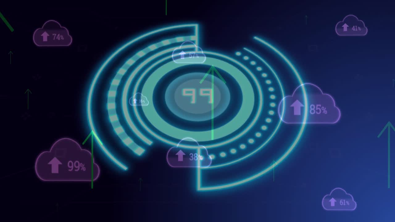 animación de escaneo de alcance con procesamiento de datos sobre íconos y formas de nube