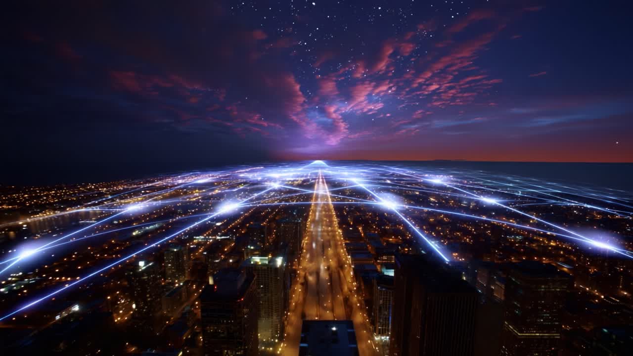 A breathtaking aerial view of a cityscape illuminated by vibrant lights and interconnected networks, showcasing the harmony between nature’s beauty and urban innovation under a starlit sky