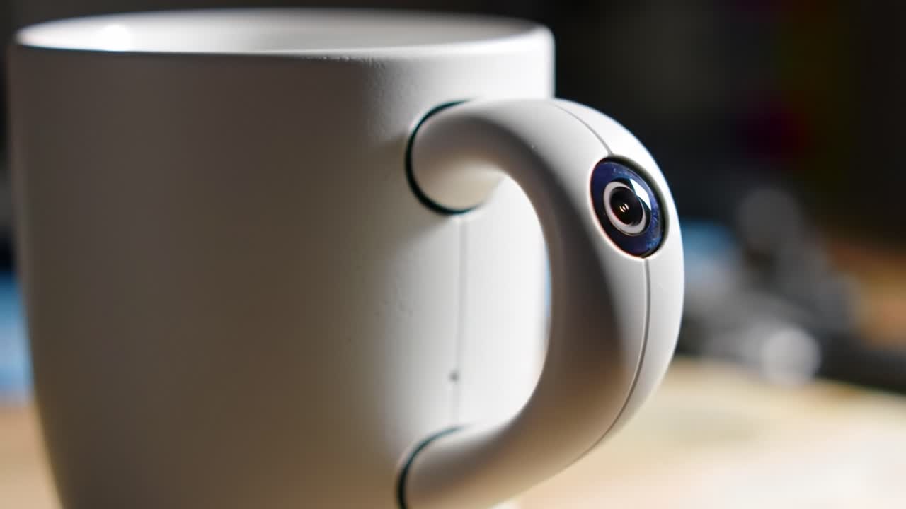 A Close-Up Look at a Modern Coffee Mug Featuring an Innovative Integrated Camera in its Handle, Perfect for Capturing Moments Anytime, Anywhere