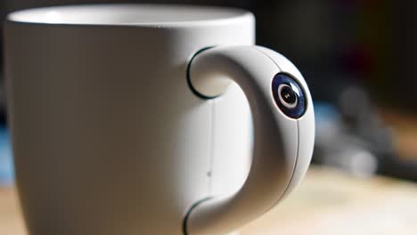 a close-up look at a modern coffee mug featuring an innovative integrated camera in its handle, perfect for capturing moments anytime, anywhere