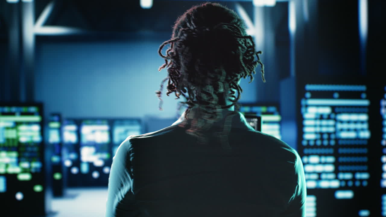 Woman coding in data center