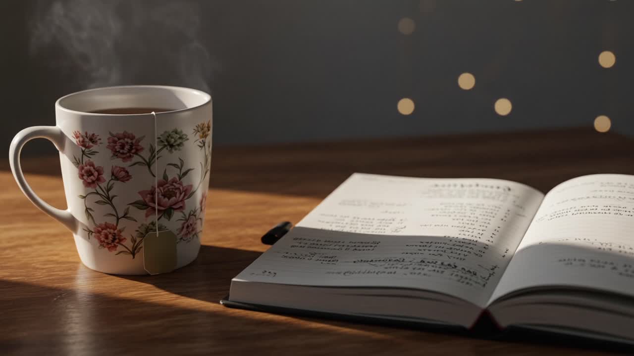 A Cozy Morning Scene Featuring a Steaming Mug of Tea or Coffee beside an Open Journal with Beautiful Calligraphy on a Sunlit Wooden Table
