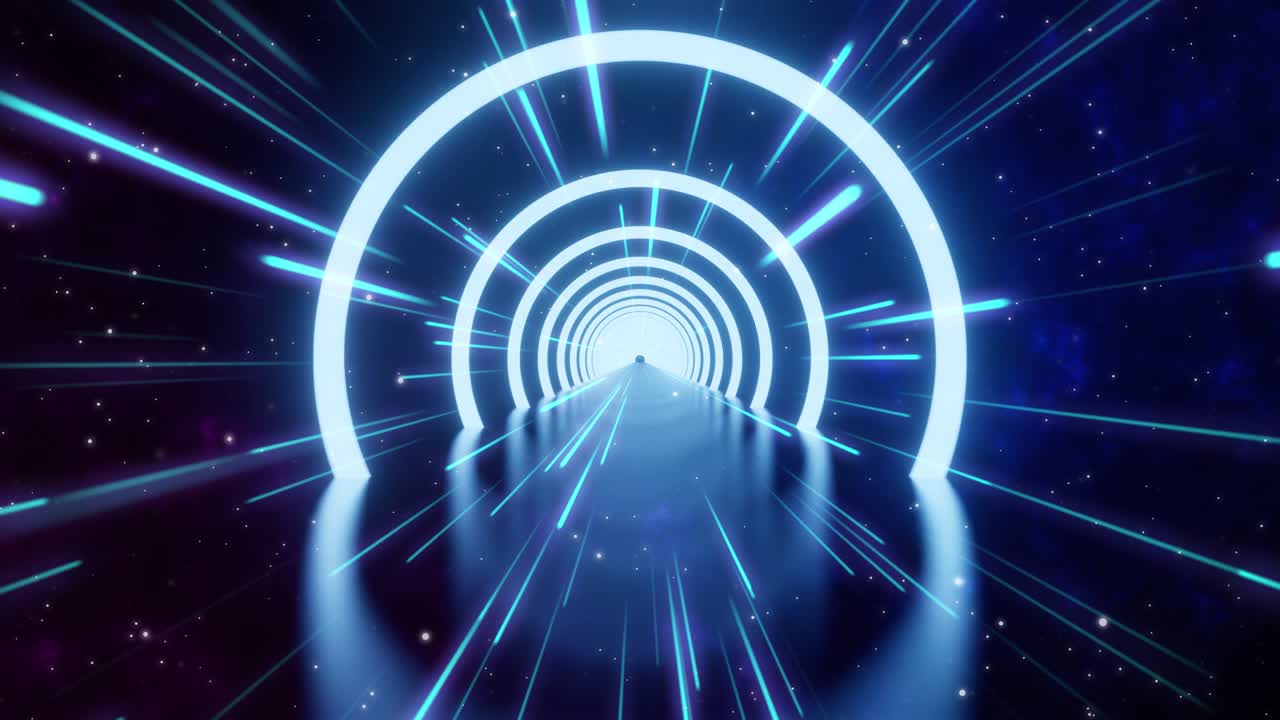 빛나는 네온 반지와 어두운 은하 별 배경의 루프 모션, 사이버 미래주의 고속 조명, 서클 레이저 쇼 패션, 배경, 흐릿한 플레어, 추상적인 빛, 빠른 밤과 길 공간.