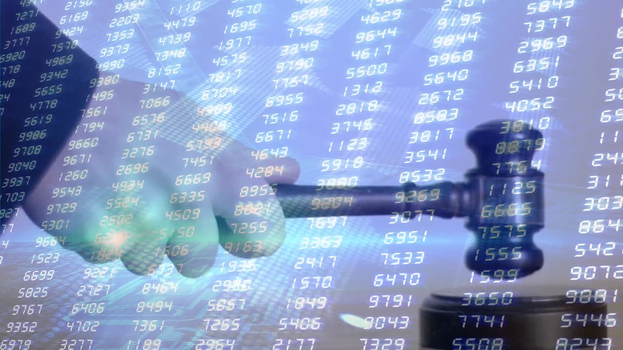 Animation of statistics and financial data processing over auctioneer's hammer