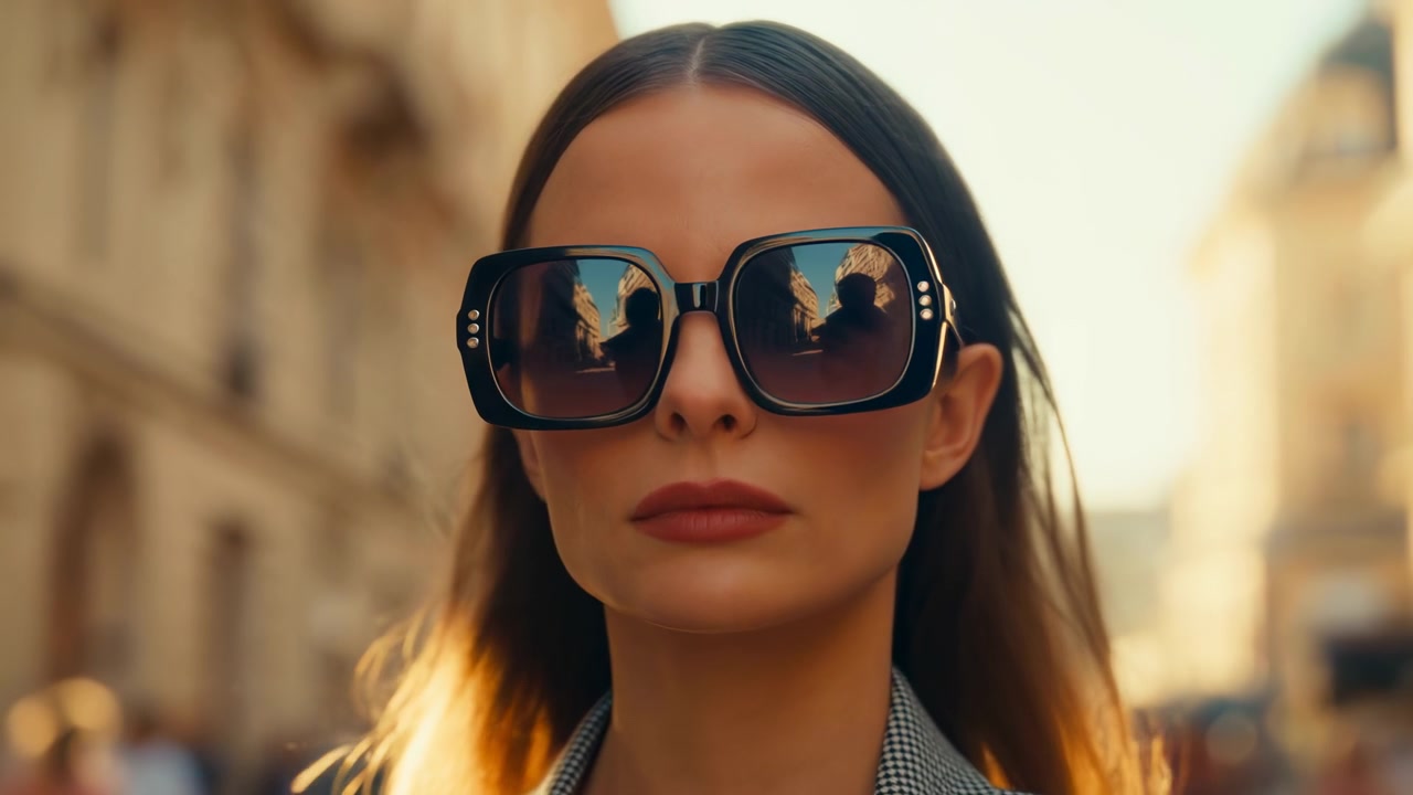 Caucasian Woman Fashion Model Wearing Sunglasses On Sunlit European Street During Golden Hour Oversized Square