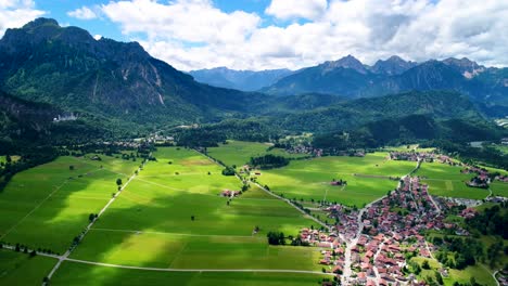 Panorama-from-the-air-Forggensee-and-Schwangau,-Germany,-Bavaria