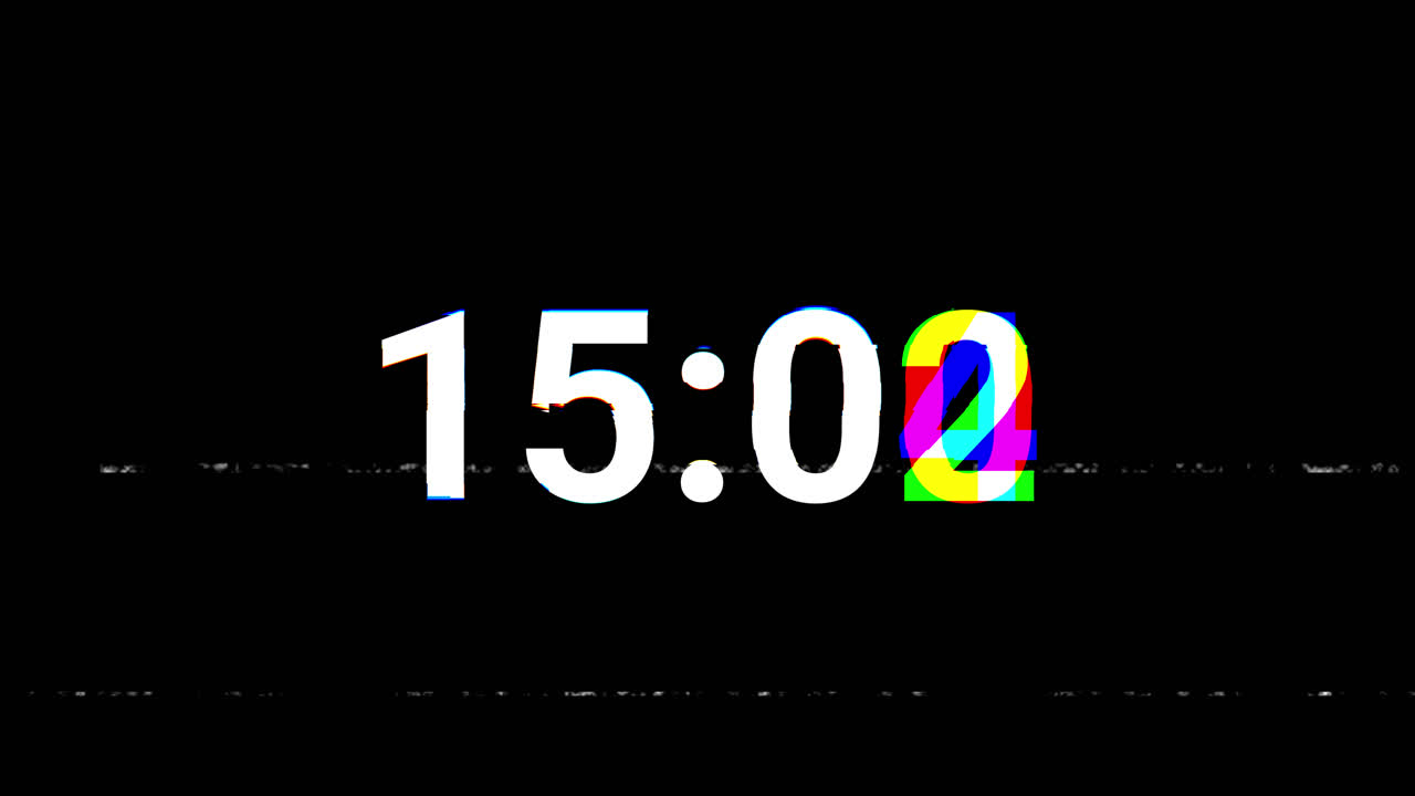 Digital Countdown Timer with Glitch Effect on Black Background