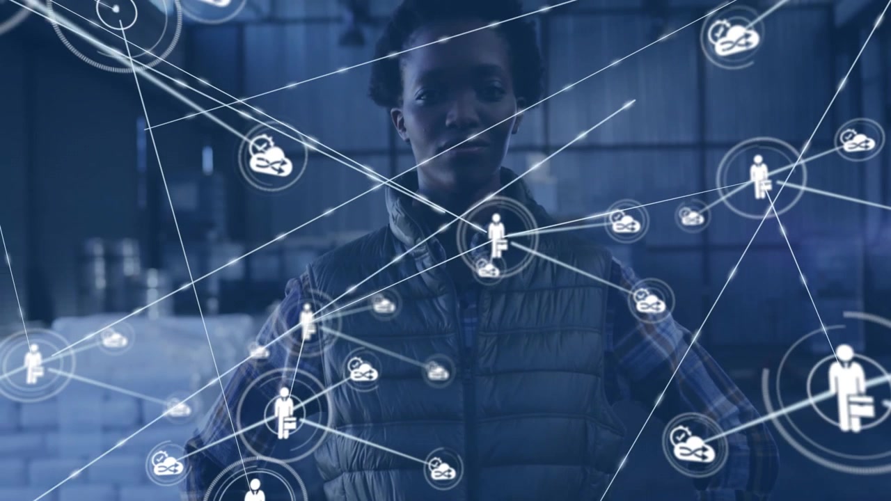 Woman initiating technology network mapping upon person icon appearance with cloud briefcase icons