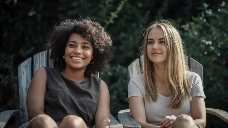 Drehung nach Blick, zwei erwachsene Frauen lehnen sich an und lachen während eines Gesprächs in Gartenholzstühlen