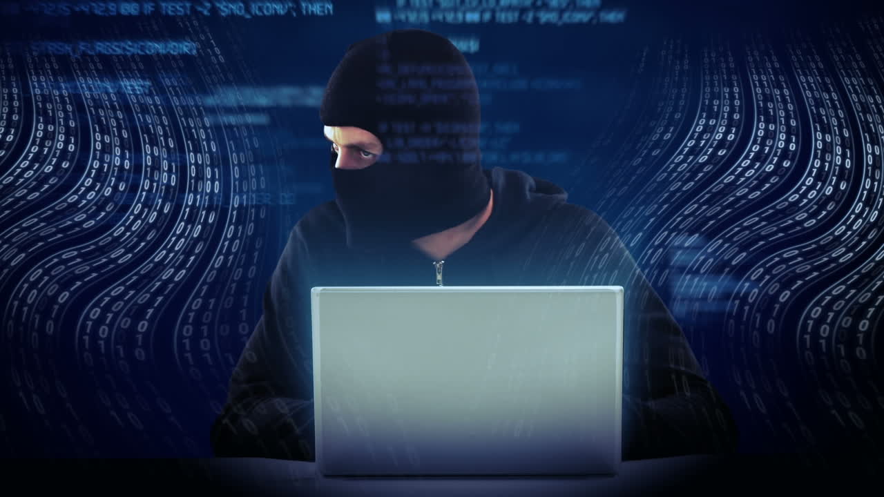 Animation of data processing over caucasian male hacker