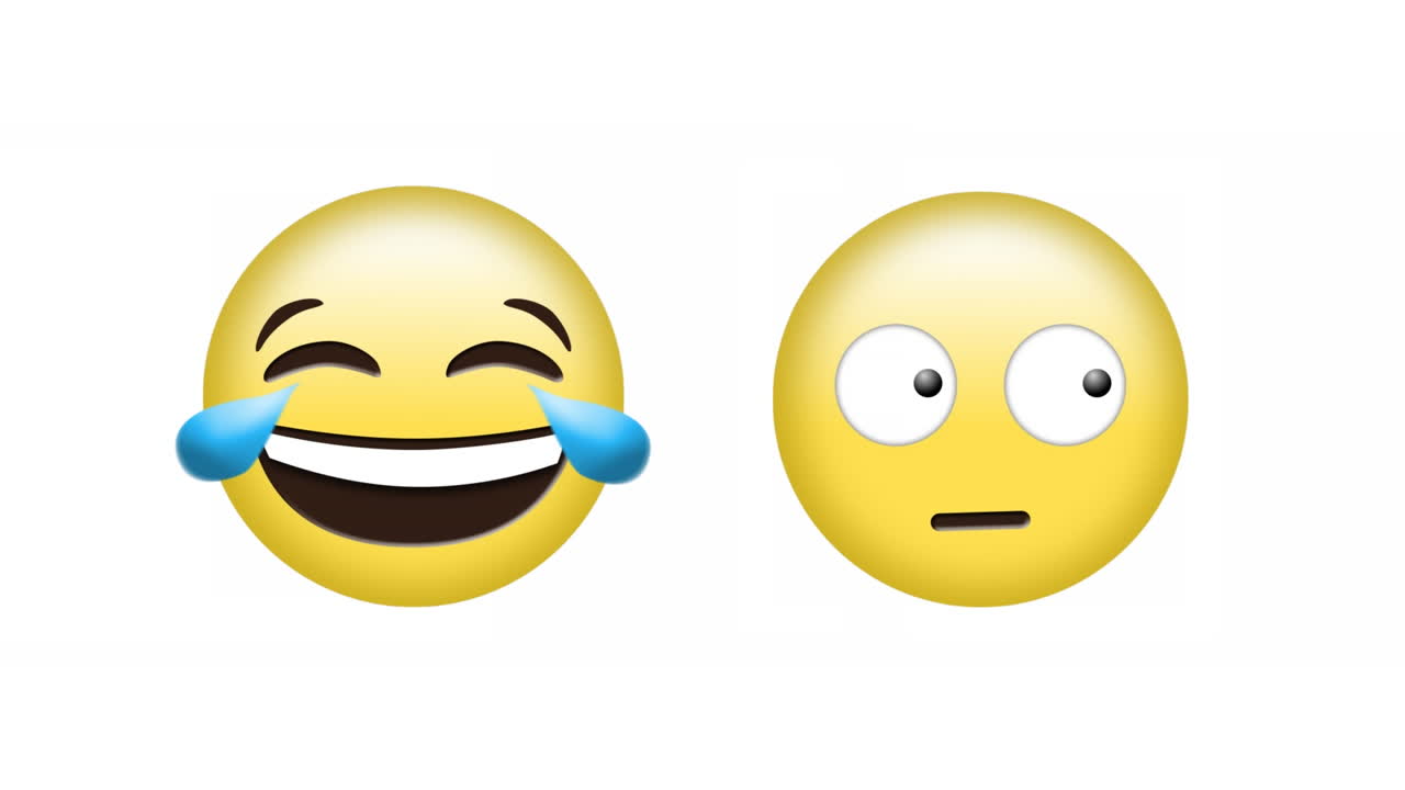 Animation of laughing and rolling eyes emoji icons over white background
