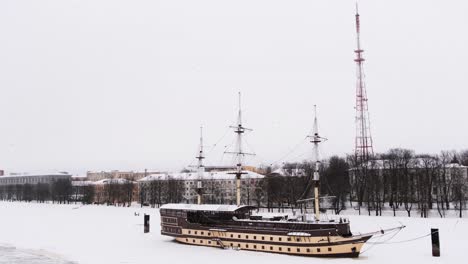 pirate ship on a frozen river in winter