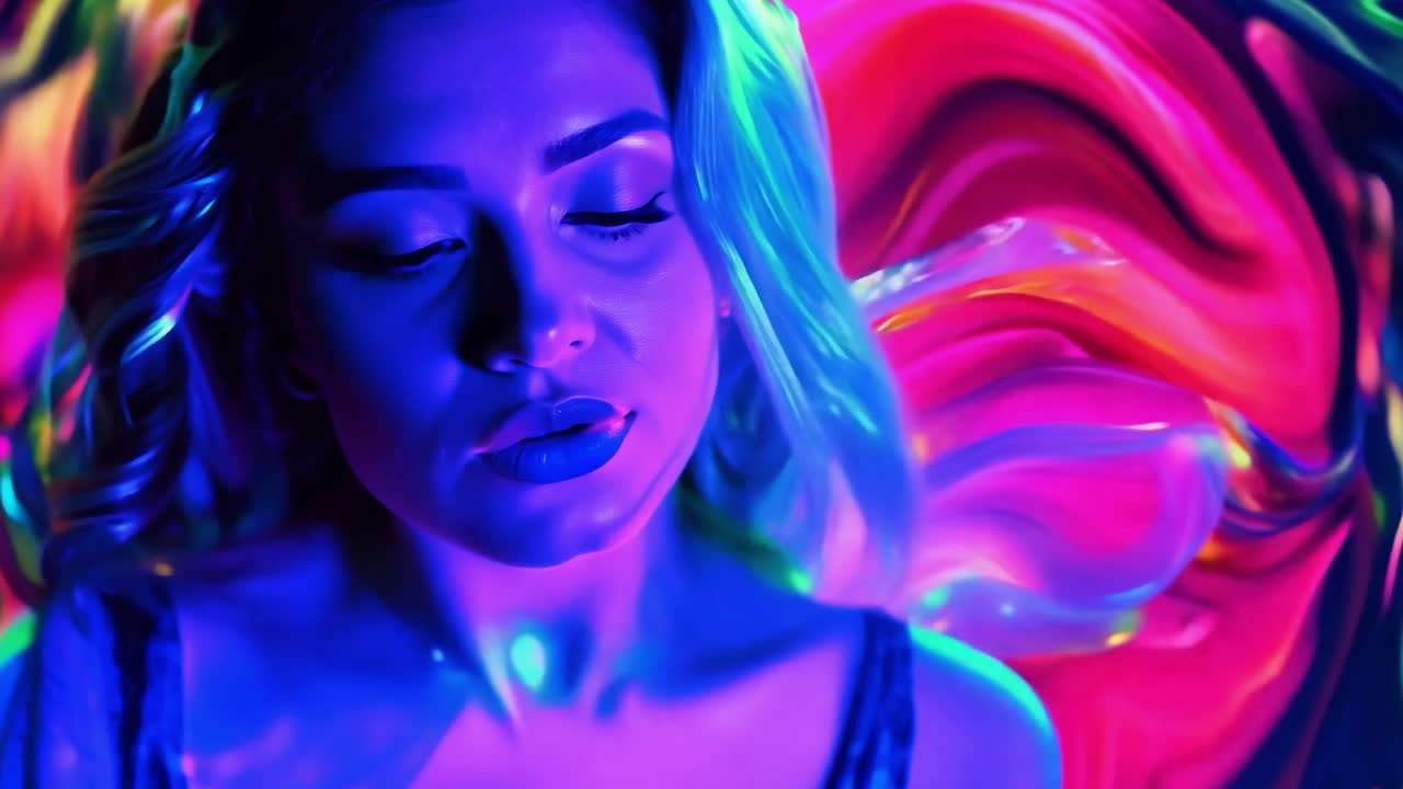 modelo con maquillaje fluorescente posa con los ojos cerrados contra un fondo vibrante y colorido de tonos psicodélicos