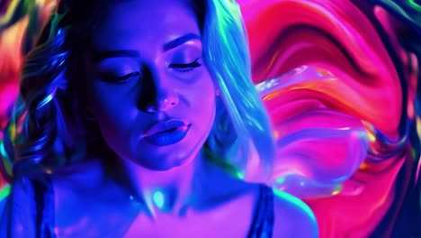 model with fluorescent makeup poses with closed eyes against a vibrant, colorful background of psychedelic hues