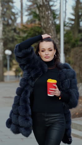 beautiful young girl in luxury fur coat in the city park. amazing view of gorgeous lady with a cup of coffee looking at camera outdoors. slow motion. vertical video