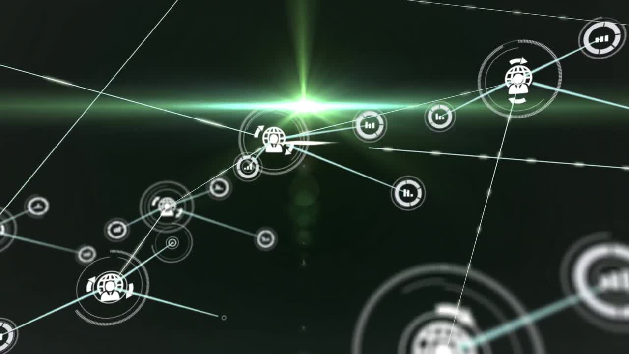 Animation of light beam passing through profile icons connecting dots on digital interface