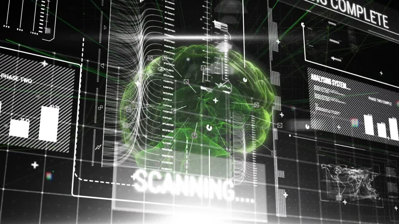 animación de un cerebro humano brillante con procesamiento de datos de interfaz digital