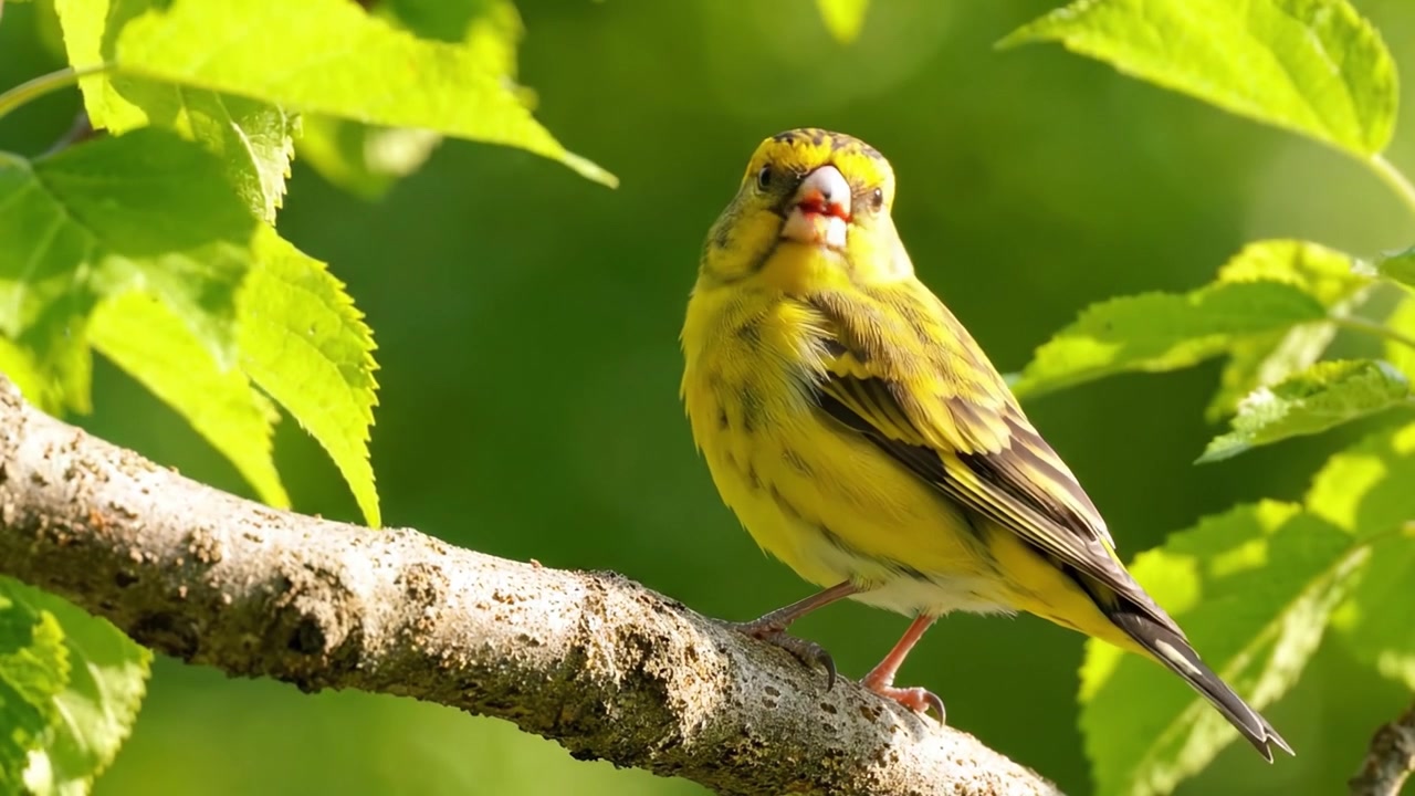 En lys gul fugl sidder på en gren omgivet af frodige grønne blade, der fanger naturens skønhed i dette fredfyldte øjeblik