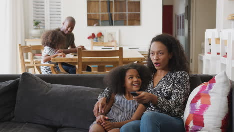 mother and daughter sitting on sofa at home watching movie on tv together