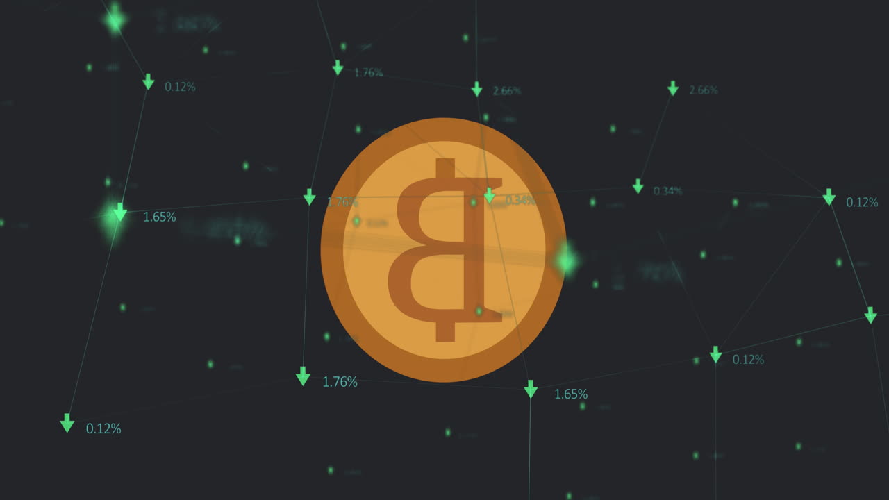 검은색 배경에서 금융 데이터 처리를 통해 비트코인의 애니메이션