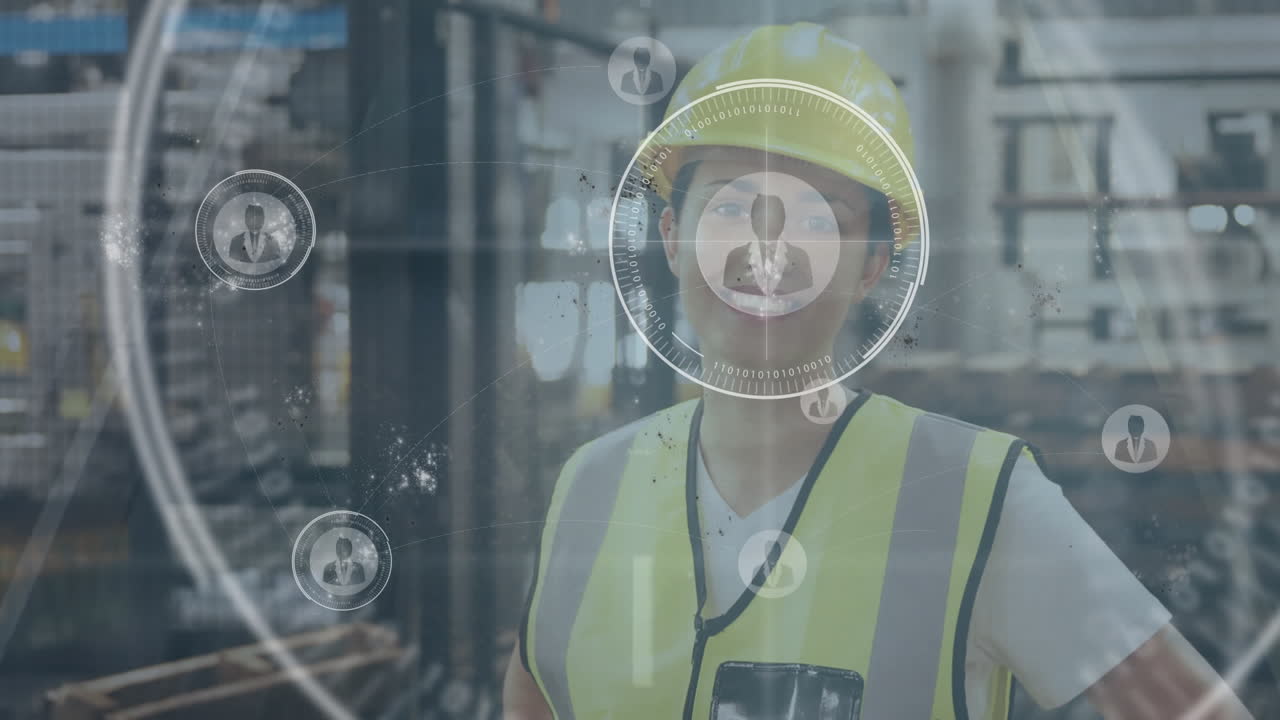 프로필 아이콘의 애니메이션과 서 있는 카우카스 여성 엔지니어 위에 움직이는 차량의 타임 스