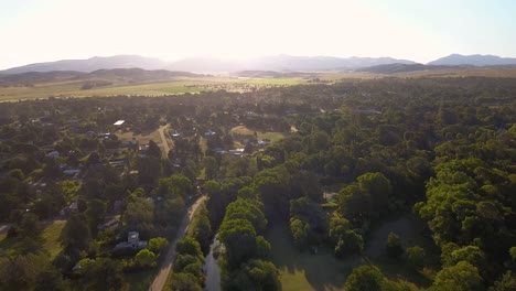 Argentine-village-in-remote-countryside,-Sierra-de-la-Ventana,-aerial-view