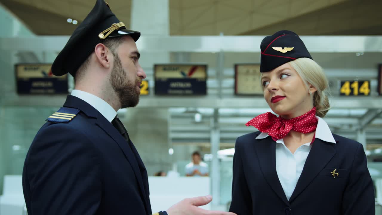 en azafata del aeropuerto con cabello rubio sonriendo afectuosamente, hablando con el piloto. mujer europea vestida con uniforme azul oscuro, bufanda roja escarlata atada a su camisa blanca. disparo cinematográfico en cámara roja. 2 modelos.